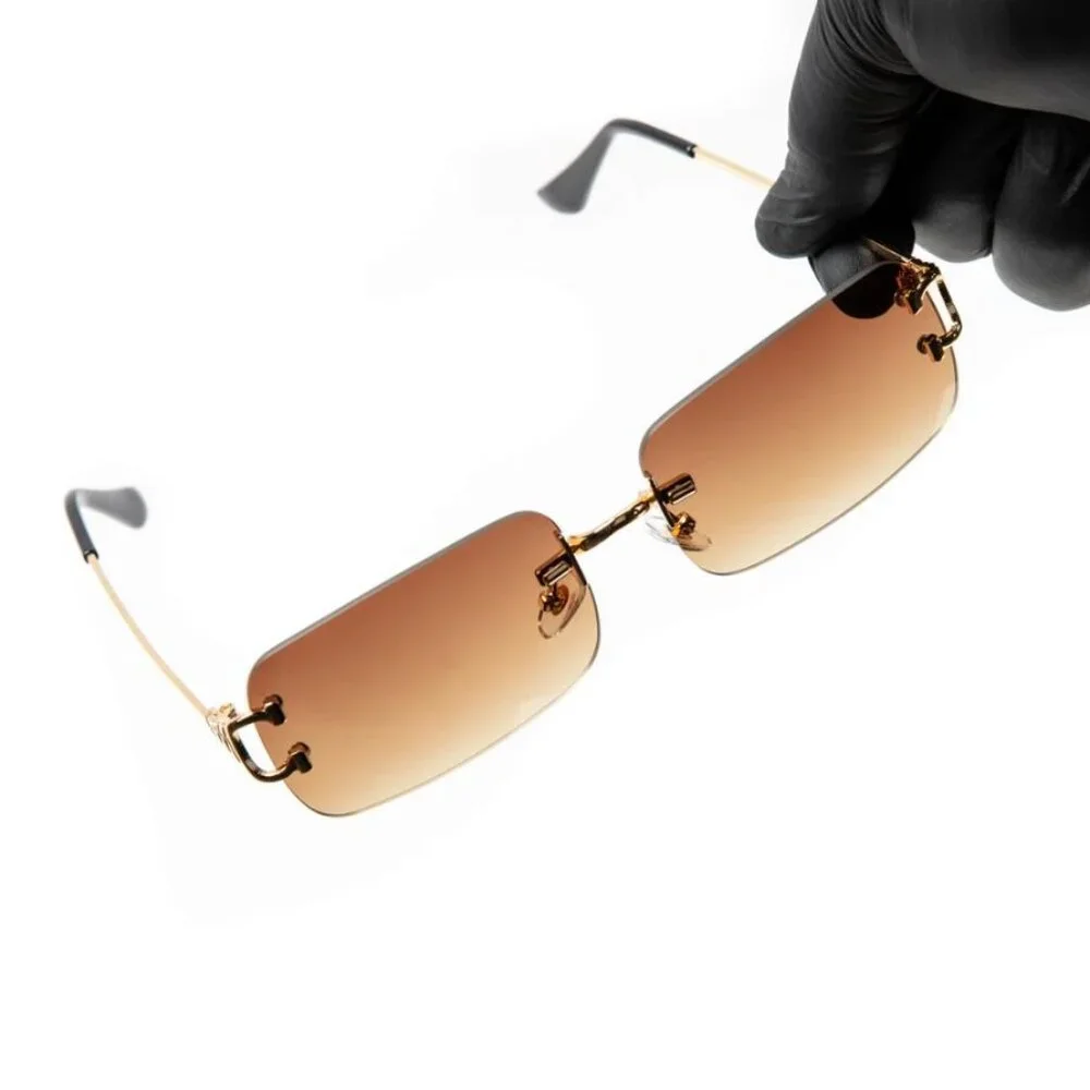 Men Sunglasses Brown Lens Rimless Luxury Retro Shades‎ Gold Metal Lentes Gafas